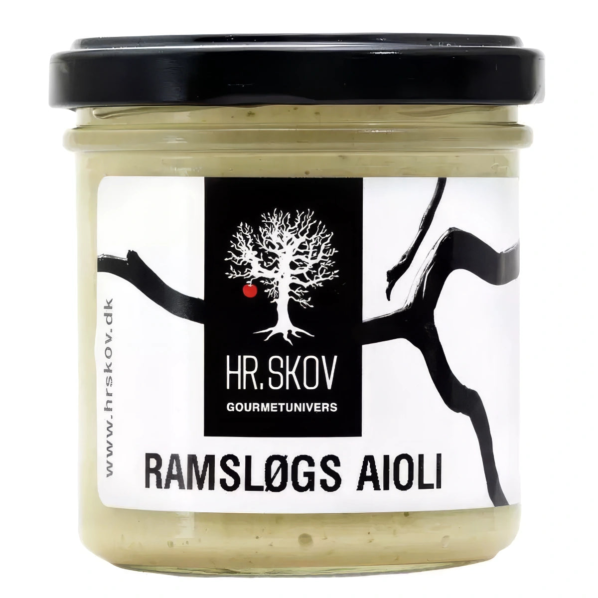 Glas med Hr. Skov ramsløgs aioli – cremet aioli med ramsløg (7%) og hvidløg, lavet med rapsolie og pasteuriserede æggeblommer, 130 g, til tapas, grillmad og sandwich