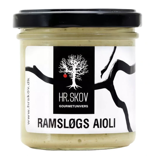 Glas med Hr. Skov ramsløgs aioli – cremet aioli med ramsløg (7%) og hvidløg, lavet med rapsolie og pasteuriserede æggeblommer, 130 g, til tapas, grillmad og sandwich