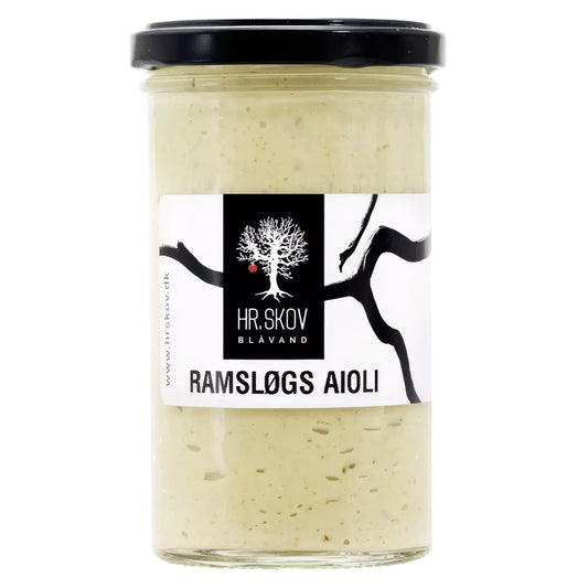 Glas med Hr. Skov ramsløgs aioli – cremet aioli med ramsløg (7%), rapsolie og pasteuriserede æggeblommer, 230 g, velegnet til tapas, grillmad, sandwich og dip