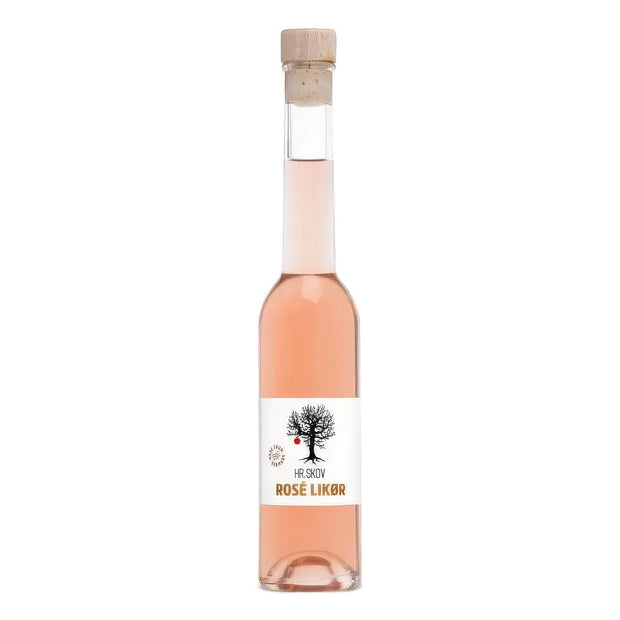 Flaske med Hr. Skov Rosélikør – frugtig rosélikør med let vinøs smag, 20 cl og 18% alkohol, velegnet til spritz, cocktails og som avec