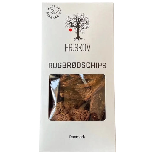 Pose med Hr. Skov rugbrødschips – sprøde chips med rug og kerner, 150 g, velegnet til tapas, dip, ostebord og nordiske snacks