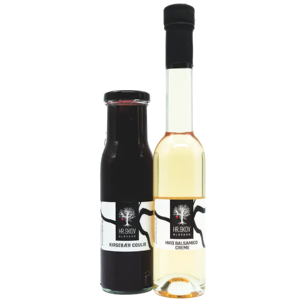 Hr. Skov Salatkit med 2 flasker – hvid balsamico creme 20 cl og kirsebær coulis 23 cl, perfekt til at lave dressing med sødme og syre, til salater, grøntsager og ostebord