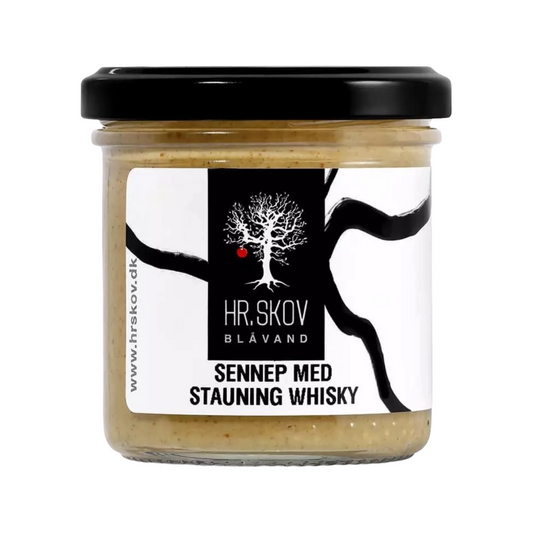 Hr. Skov sennep med Stauning whisky 155 g – dansk sennep med brun farin og whisky, kraftig og rund smag til hotdog, pølser, ost og tapas