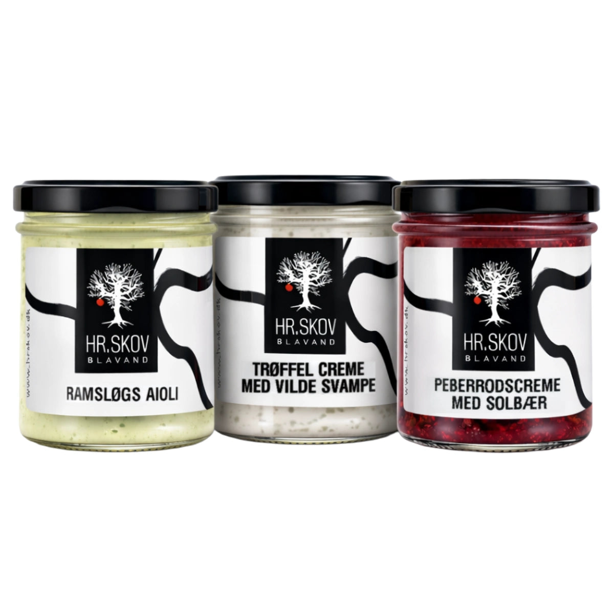 Hr. Skov Tapas Kit i sort gaveæske med 3 glas – ramsløgs aioli, trøffelcreme med vilde svampe og peberrodscreme med solbær, perfekt til tapasbord, ost, charcuteri og brød