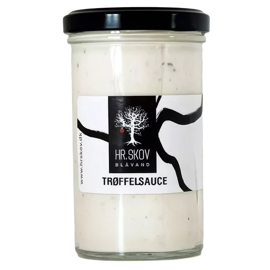 Glas med Hr. Skov trøffelsauce – cremet sauce med hvid trøffelaroma, oliven og estragoneddike, 245 g, velegnet til bøf, pommes frites, grøntsagsretter og pizza