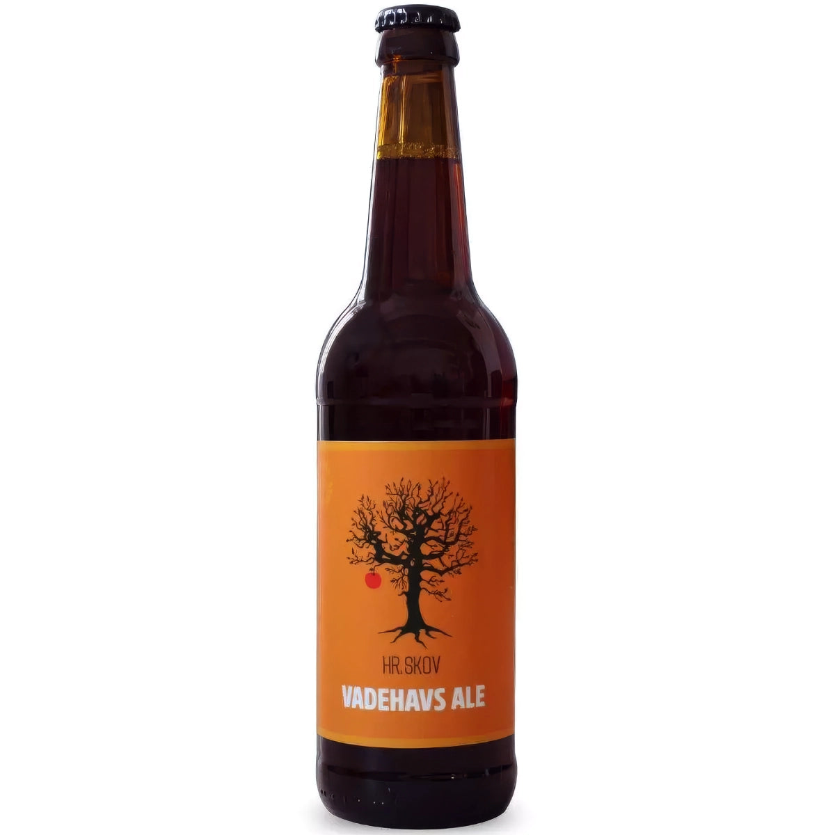 Flaske med Hr. Skov Vadehavs ale – kraftig dansk ale med byg- og hvedemalt, humle og havtorn, 50 cl og 7,8% alkohol, fyldig og frugtig øl til mad