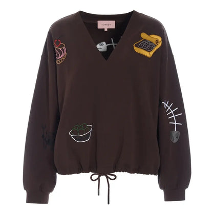 Hunkøn Chili Blouse Brown med V-udskæring, snøre og broderede detaljer