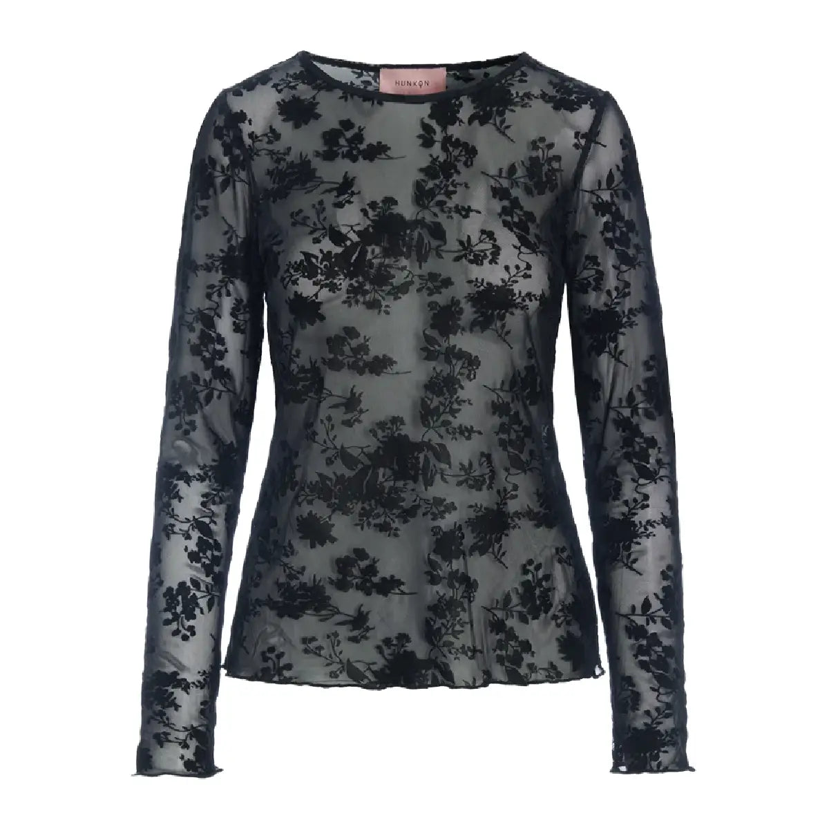 HUNKØN Henry Mesh Blouse Black Floral transparent meshbluse med sort blomstermønster