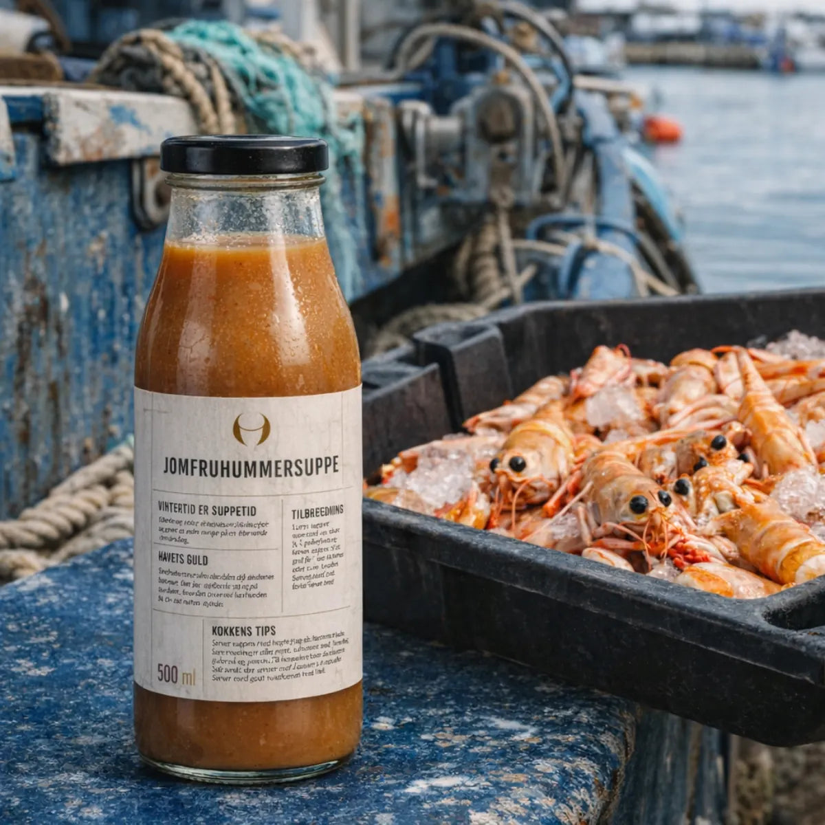 Dansk jomfruhummersuppe i 500 ml flaske placeret på fiskekutter ved havn med friske jomfruhummere – gourmet skaldyrssuppe baseret på nordiske råvarer.
