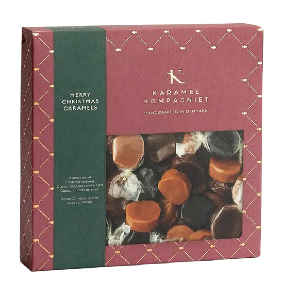 Karamel Kompagniet Glædelig Jul Julekaramelblanding med 336 g håndlavede karameller i smagene Klassisk Jul, Klassisk Lakrids og Klassisk Chokolade i stor julegaveæske