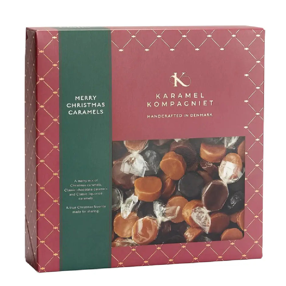Karamel Kompagniet Glædelig Jul Julekaramelblanding med 756 g håndlavede karameller i smagene Klassisk Jul, Klassisk Lakrids og Klassisk Chokolade i stor julegaveæske