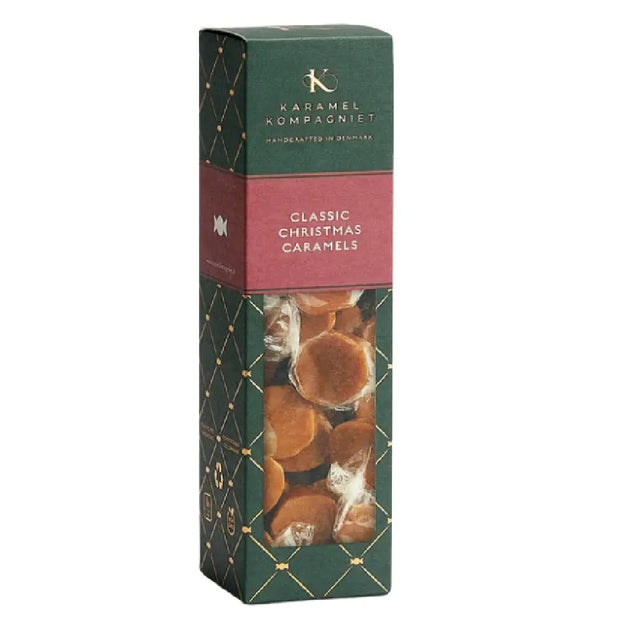 Karamel Kompagniet Klassiske Julekarameller Elegance med 138 g bløde håndlavede flødekarameller med varme julekrydderier i elegant gaveæske