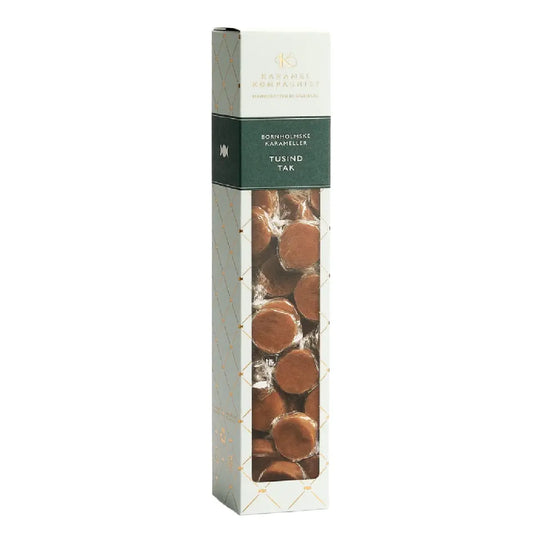 Karamel Kompagniet Tusind Tak – Classic Creamy Caramels 216 g – gaveæske med bløde og cremede flødekarameller (Klassisk Fløde), håndlavet og pakket på Bornholm, plastikfri FSC-æske og komposterbart cellofan
