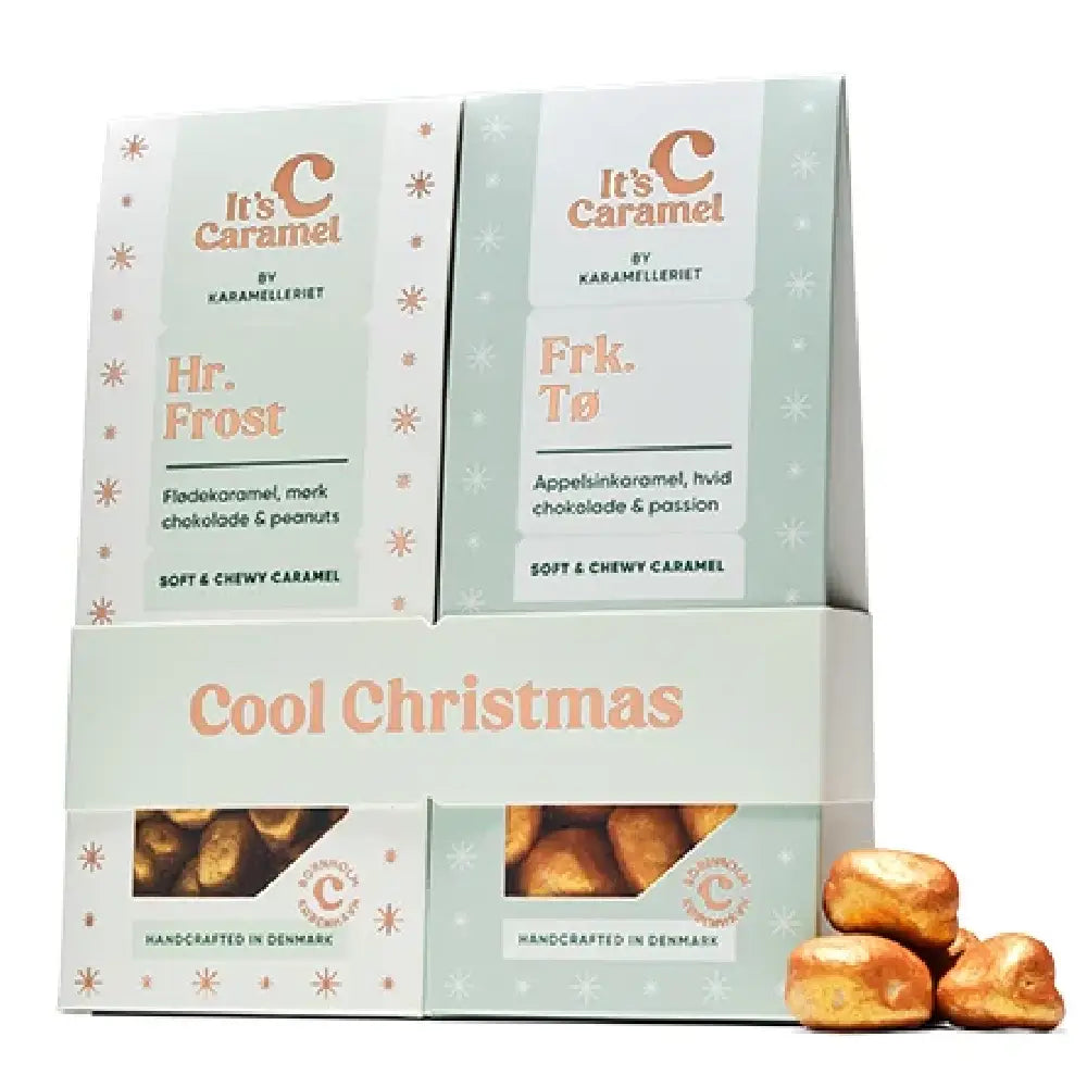 Karamelleriet Cool Christmas Caramels med Hr. Frost flødekaramel med peanuts og mørk chokolade samt Frk. Tø appelsinkaramel med hvid chokolade og passionsfrugt, 2 x 100 g