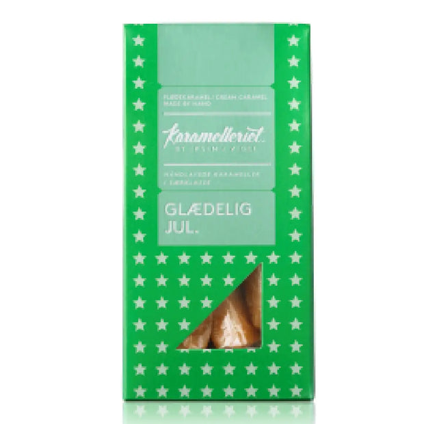 Karamelleriet Glædelig Jul Miniæske, grøn juleæske med stjerner og håndlavede flødekarameller, perfekt som julegave og til gavekurve