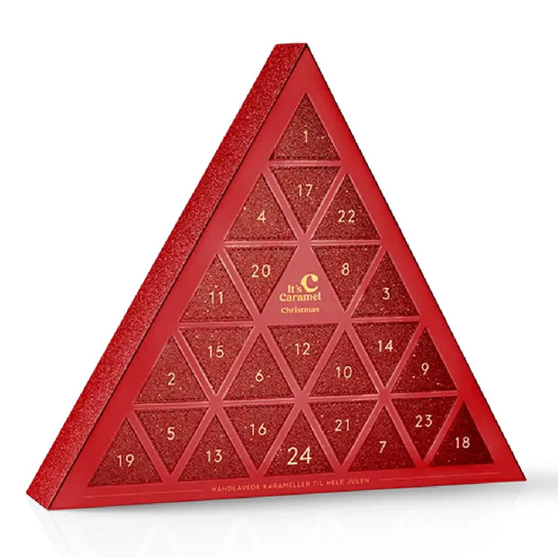 Karamelleriet Julekalender Rød med 24 låger, 2 håndlavede karameller bag hver låge og rødt juledesign med glitter, gloss og guld, 360 g
