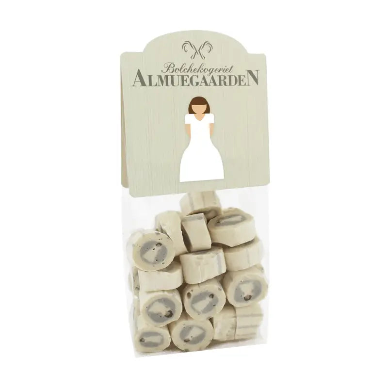 Almuegaarden Kvinde (Konfirmand / Brud) bolcher 110 g – gavepose der kan bruges som “Til/Fra”-kort, håndlavede bolcher med smag af anis og et strejf af salt, dansk bolchehåndværk