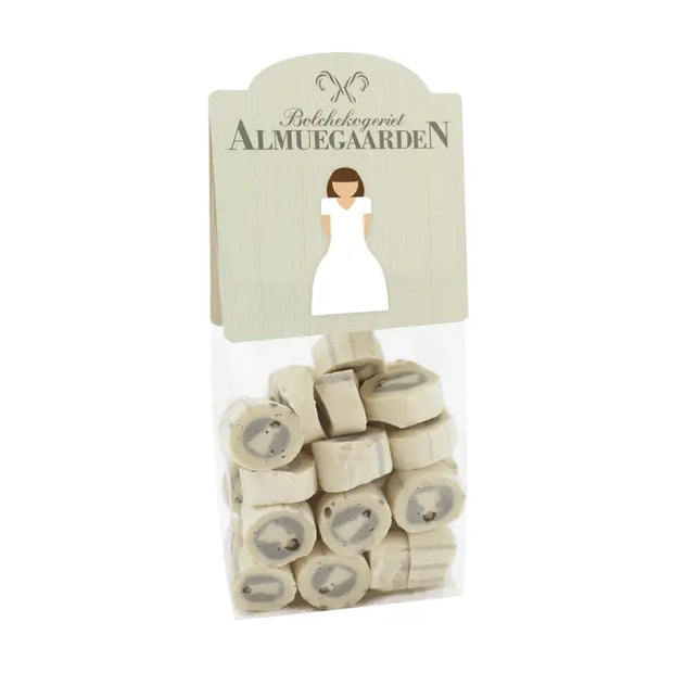 Almuegaarden Kvinde (Konfirmand / Brud) bolcher 110 g – gavepose der kan bruges som “Til/Fra”-kort, håndlavede bolcher med smag af anis og et strejf af salt, dansk bolchehåndværk