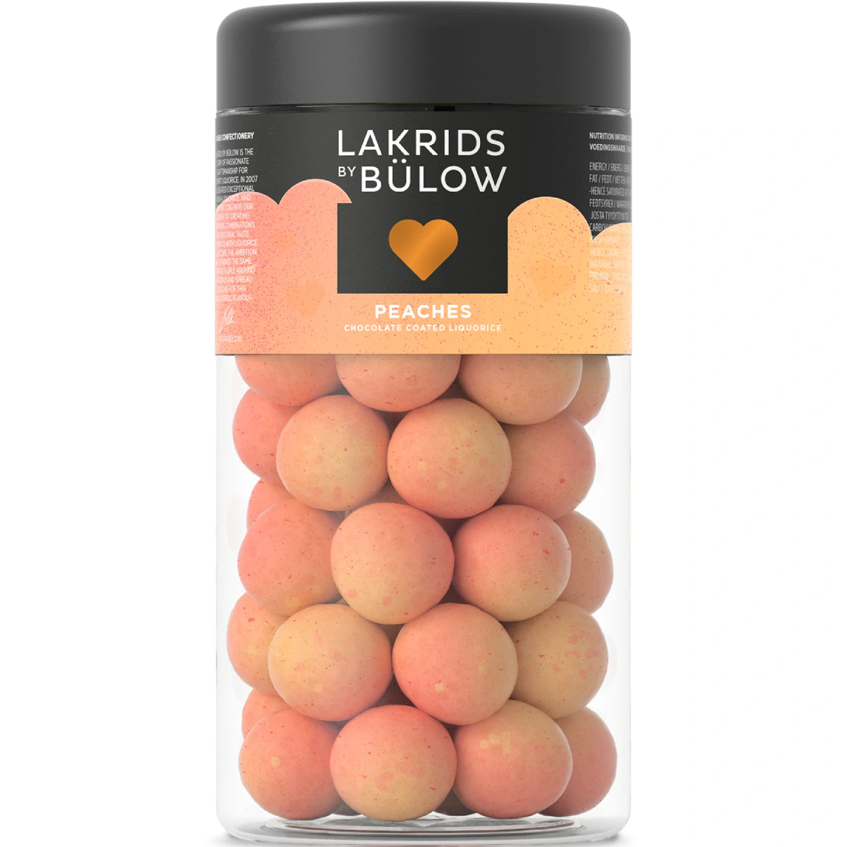 Lakrids by Bülow Peaches Regular 270 g i dåse – glutenfri lakrids med hvid chokolade, fersken, salmiak og sprød sukkerskal, produceret i Danmark