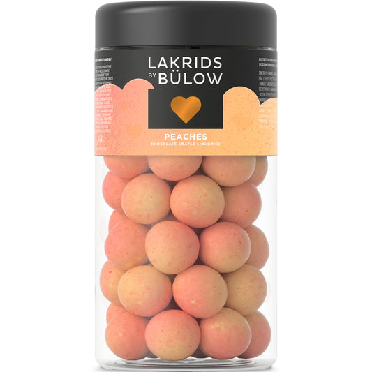 Lakrids by Bülow Peaches Regular 270 g i dåse – glutenfri lakrids med hvid chokolade, fersken, salmiak og sprød sukkerskal, produceret i Danmark