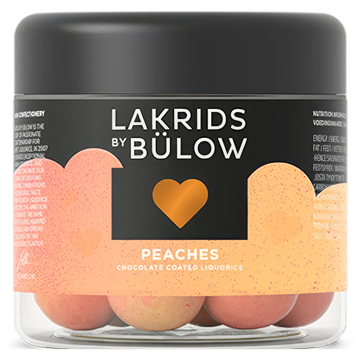 Lakrids by Bülow Peaches Small 115 g i dåse – glutenfri lakrids med hvid chokolade, fersken, let salmiak og sprød sukkerskal, produceret i Danmark