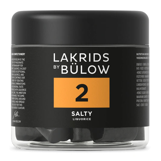 Lakrids by Bülow 2 - Salty 150 g – glas med intens salmiaklakrids, salt smagsprofil og klassisk nordisk lakridssmag, vegansk og gluten- og gelatinefri.