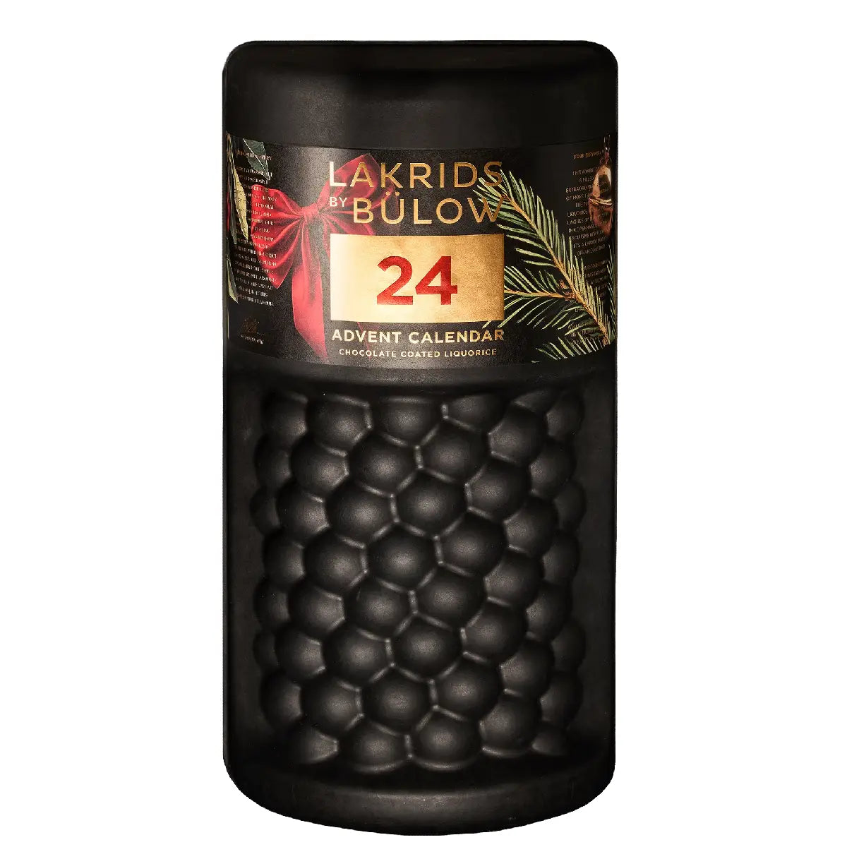 Lakrids by Bülow 24 Advent Calendar med chokoladeovertrukket lakrids i sort bøtte med gyldne detaljer, rød sløjfe og granmotiv til december
