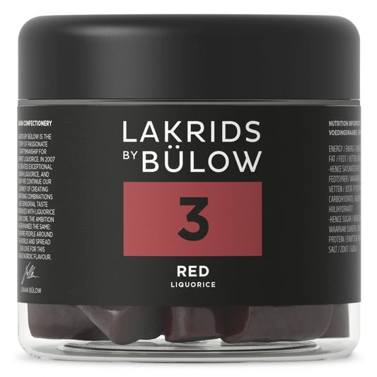 Lakrids by Bülow 3 - Red 150 g – glas med frugtig rød lakrids med solbær, tranebær og jordbær, vegansk og gluten- og gelatinefri premiumlakrids.