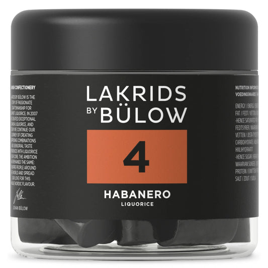 Lakrids by Bülow 4 - Habanero 150 g – glas med sød premiumlakrids med habanero chili, spicy varme og klassisk lakridssmag, vegansk og gluten- og gelatinefri.