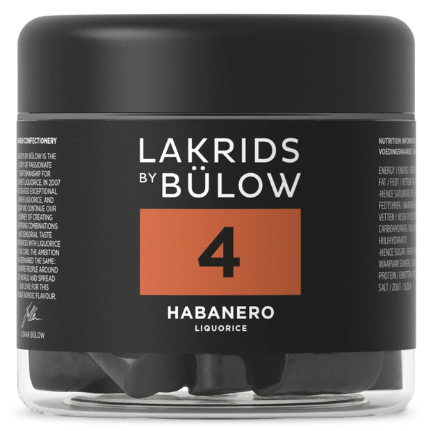Lakrids by Bülow 4 - Habanero 150 g – glas med sød premiumlakrids med habanero chili, spicy varme og klassisk lakridssmag, vegansk og gluten- og gelatinefri.