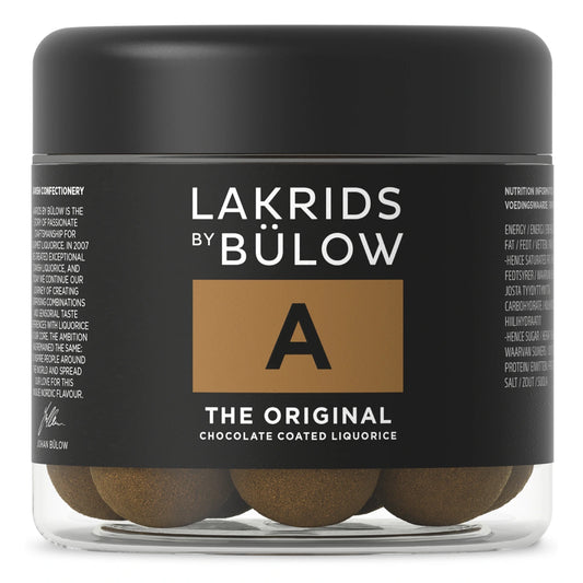 Lakrids by Bülow A - The Original Small 115 g – lille bøtte med sød gourmetlakrids drageret i premium mælkechokolade og drysset med lakridspulver, klassisk smag.