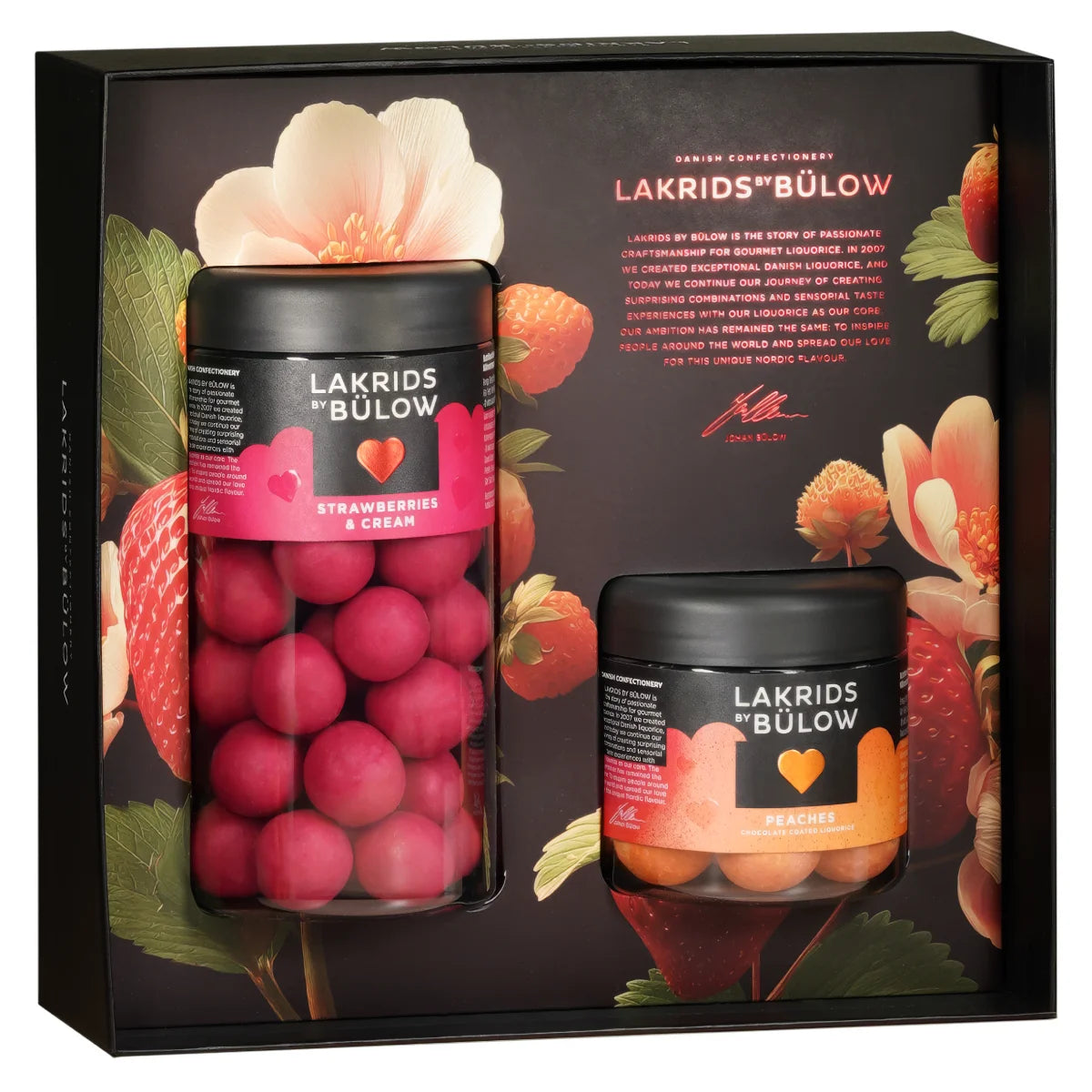 Lakrids by Bülow Black Box Love Small 385 g – stilfuld gaveæske med gourmetlakrids overtrukket med hvid chokolade, smagsvarianter Strawberries & Cream og Peaches
