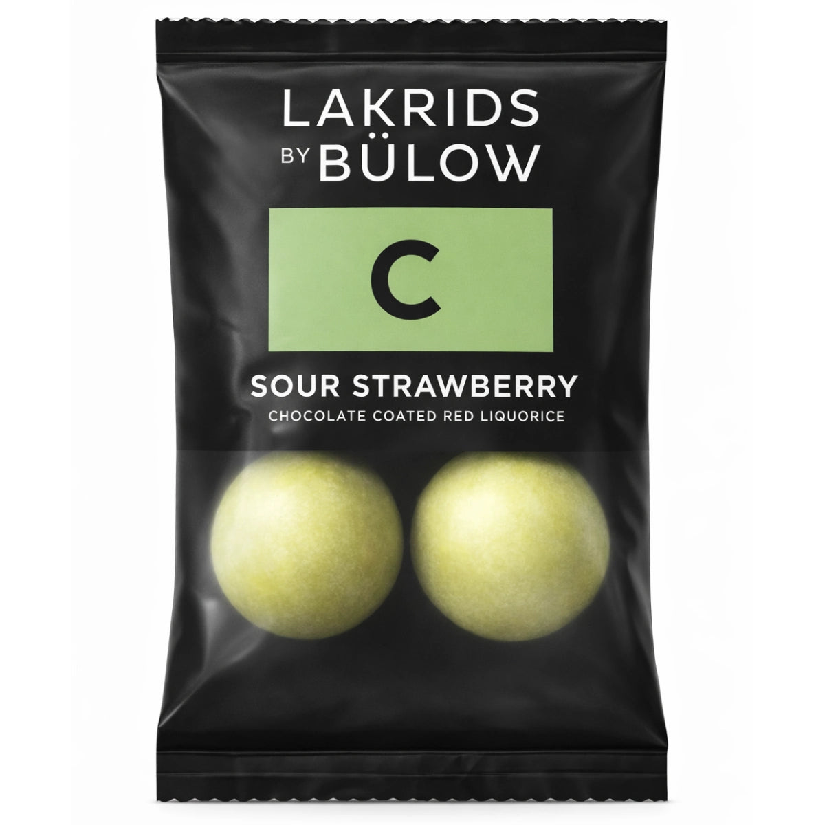 Lakrids by Bülow C - Sour Strawberry Flow Pack 12 g – enkeltpakket gourmetlakrids i hvid chokolade med syrlig jordbærsmag, lille snackportion til farten
