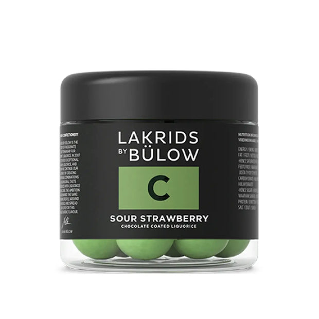 Lakrids by Bülow C - SOUR STRAWBERRY Small 115 g med rød lakrids, hvid chokolade, grønne jordbær og sprød grøn sukkerskal