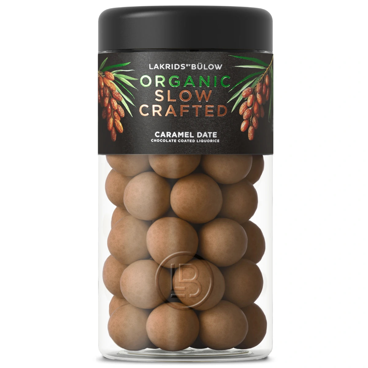 Lakrids by Bülow Caramel Date 265 g – packshot af økologisk slow crafted lakrids overtrukket med hvid- og mælkechokolade, karamel og daddel, med let saltet finish.