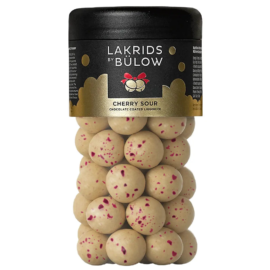 Lakrids by Bülow Cherry Sour Regular, sød lakrids med hvid chokolade og sprødt kirsebærgranulat, glutenfri luksuslakrids, 270 g