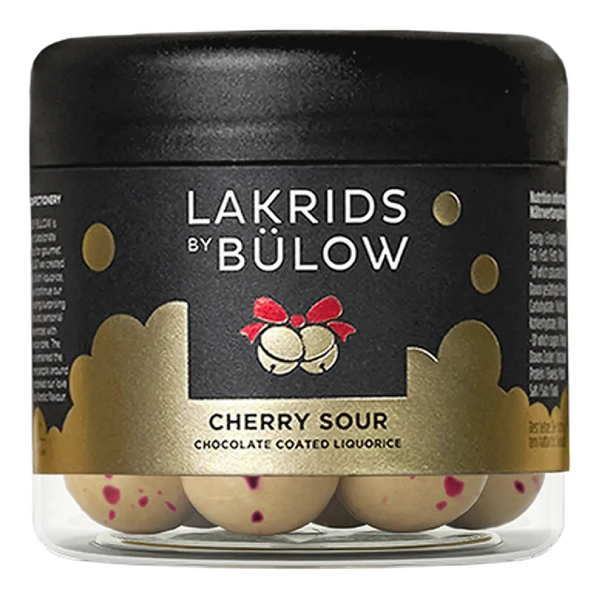 Lakrids by Bülow Cherry Sour Small, sød lakrids med hvid chokolade og sprødt kirsebærgranulat, glutenfri luksuslakrids i lille bøtte, 115 g