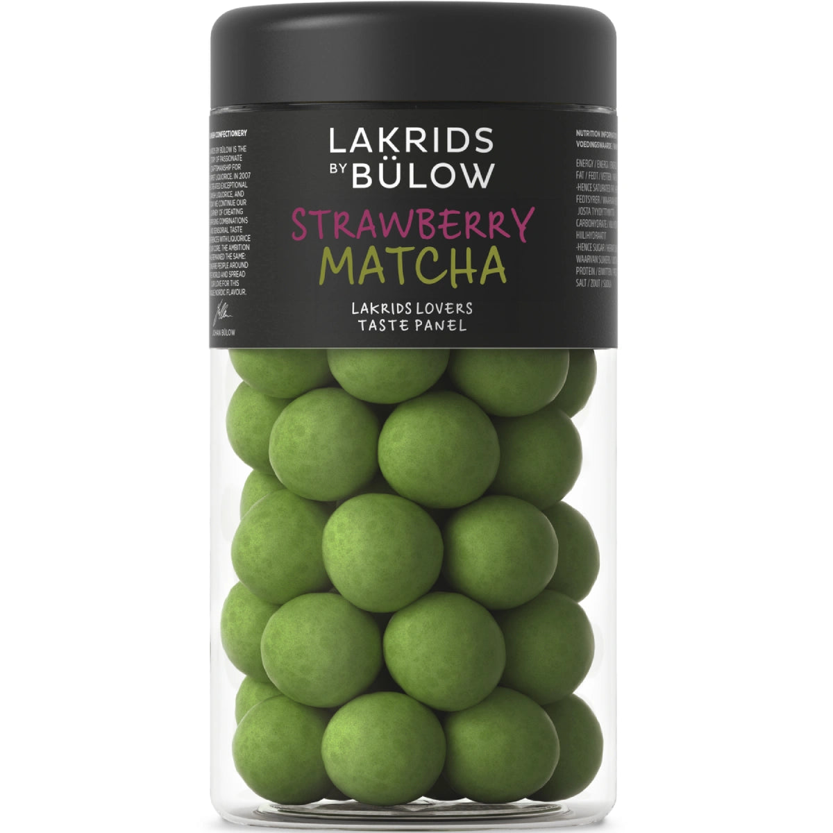 Lakrids by Bülow Crispy Strawberry Matcha 270 g – packshot af rød lakrids overtrukket med hvid chokolade, jordbær og matcha, frugtig og mild smagsprofil
