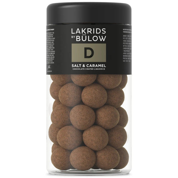 Lakrids by Bülow D - Salt & Caramel Regular 270 g – bøtte med gourmetlakrids drageret i karamelliseret dulcechokolade og toppet med knasende havsalt, sød og salt smagsprofil.