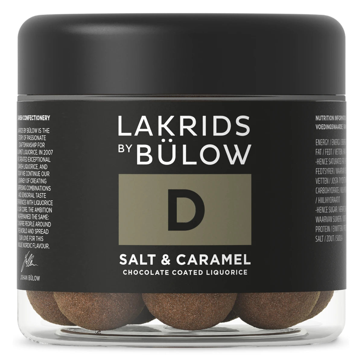 Lakrids by Bülow D - Salt & Caramel Small 115 g – lille bøtte med gourmetlakrids drageret i karamelliseret dulcechokolade og toppet med knasende havsalt, sød og salt smagsprofil.