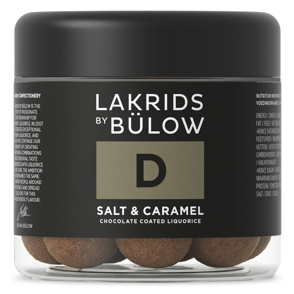 Lakrids by Bülow D - Salt & Caramel Small 115 g – lille bøtte med gourmetlakrids drageret i karamelliseret dulcechokolade og toppet med knasende havsalt, sød og salt smagsprofil.
