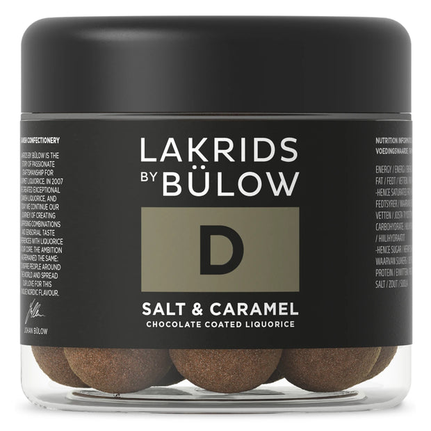 Lakrids by Bülow D - Salt & Caramel Small 115 g – lille bøtte med gourmetlakrids drageret i karamelliseret dulcechokolade og toppet med knasende havsalt, sød og salt smagsprofil.