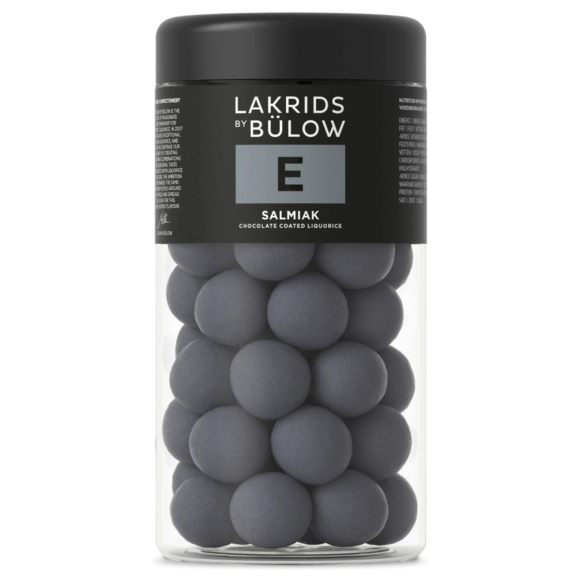 Lakrids by Bülow E - Salmiak Regular 270 g – bøtte med saltlakrids overtrukket med hvid chokolade og salmiak, afsluttet med lakridspulver for sprød og intens smag.