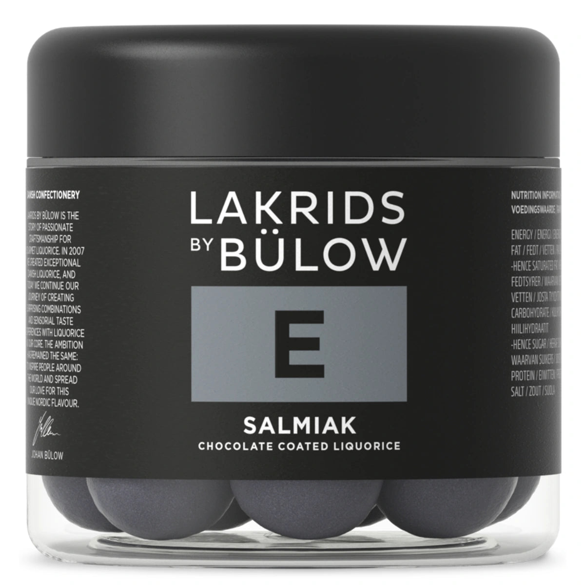 Lakrids by Bülow E - Salmiak Small 115 g – lille bøtte med saltlakrids overtrukket med hvid chokolade og salmiak, afsluttet med lakridspulver for sprød og intens smag.