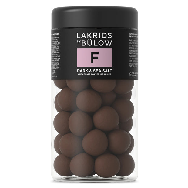 Lakrids by Bülow F - Dark & Sea Salt Regular 270 g – bøtte med gourmetlakrids overtrukket med mørk- og mælkechokolade samt flager af havsalt, intens og balanceret smagsprofil.