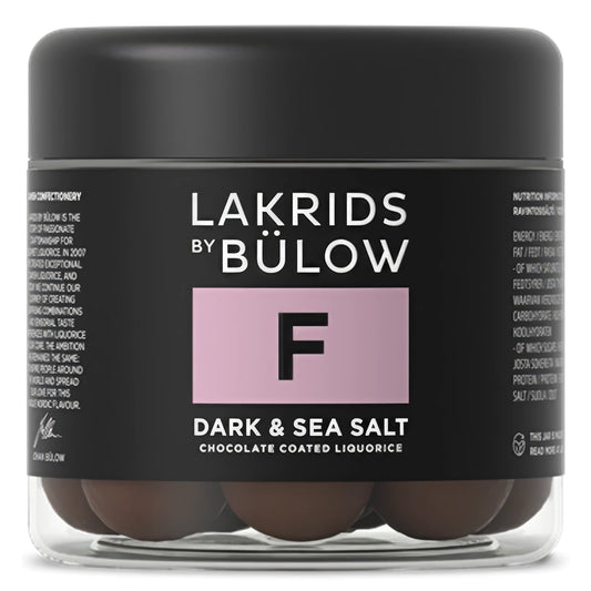 Lakrids by Bülow F - Dark & Sea Salt Small 115 g – lille bøtte med gourmetlakrids overtrukket med mørk og mælkechokolade samt flager af havsalt, intens og balanceret smagsprofil