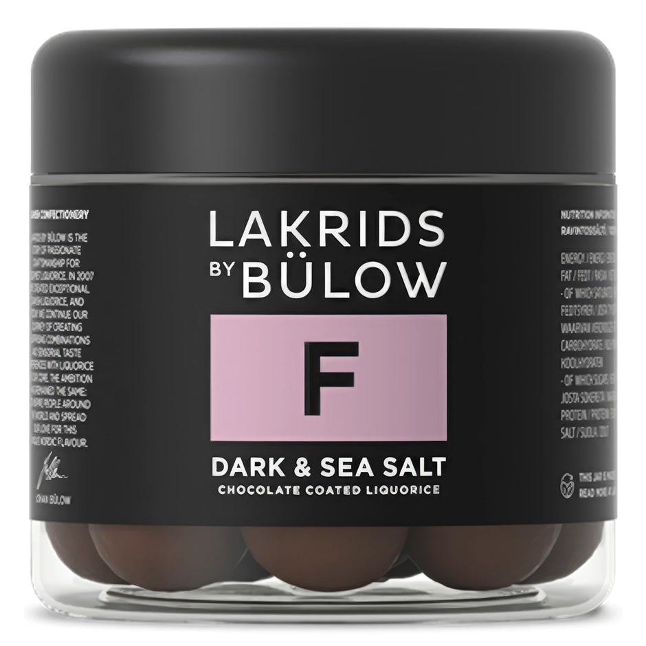 Lakrids by Bülow F - Dark & Sea Salt Small 115 g – lille bøtte med gourmetlakrids overtrukket med mørk og mælkechokolade samt flager af havsalt, intens og balanceret smagsprofil