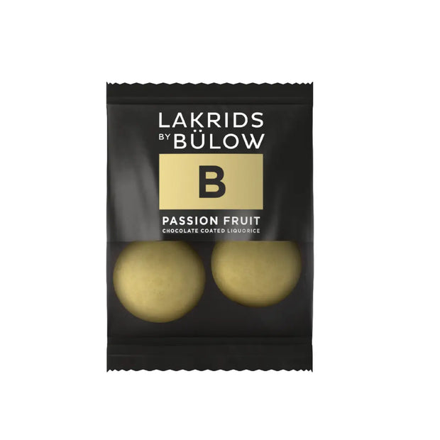 Lakrids by Bülow B - PASSION FRUIT Flowpack 12 g med 2 kugler sød lakrids, hvid chokolade, passionsfrugt og sprød sukkerskal