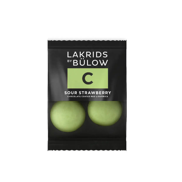Lakrids by Bülow C - Sour Strawberry Flow Pack 12 g – enkeltpakket gourmetlakrids i hvid chokolade med syrlig jordbærsmag, lille snackportion til farten
