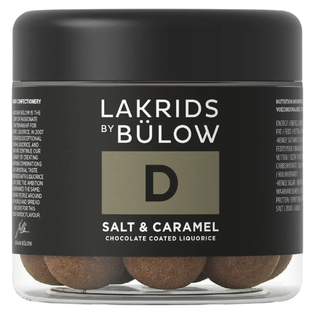 Lakrids by Bülow D - Salt & Caramel Small 115 g – lille bøtte med gourmetlakrids drageret i karamelliseret dulcechokolade og toppet med knasende havsalt, sød og salt smagsprofil.